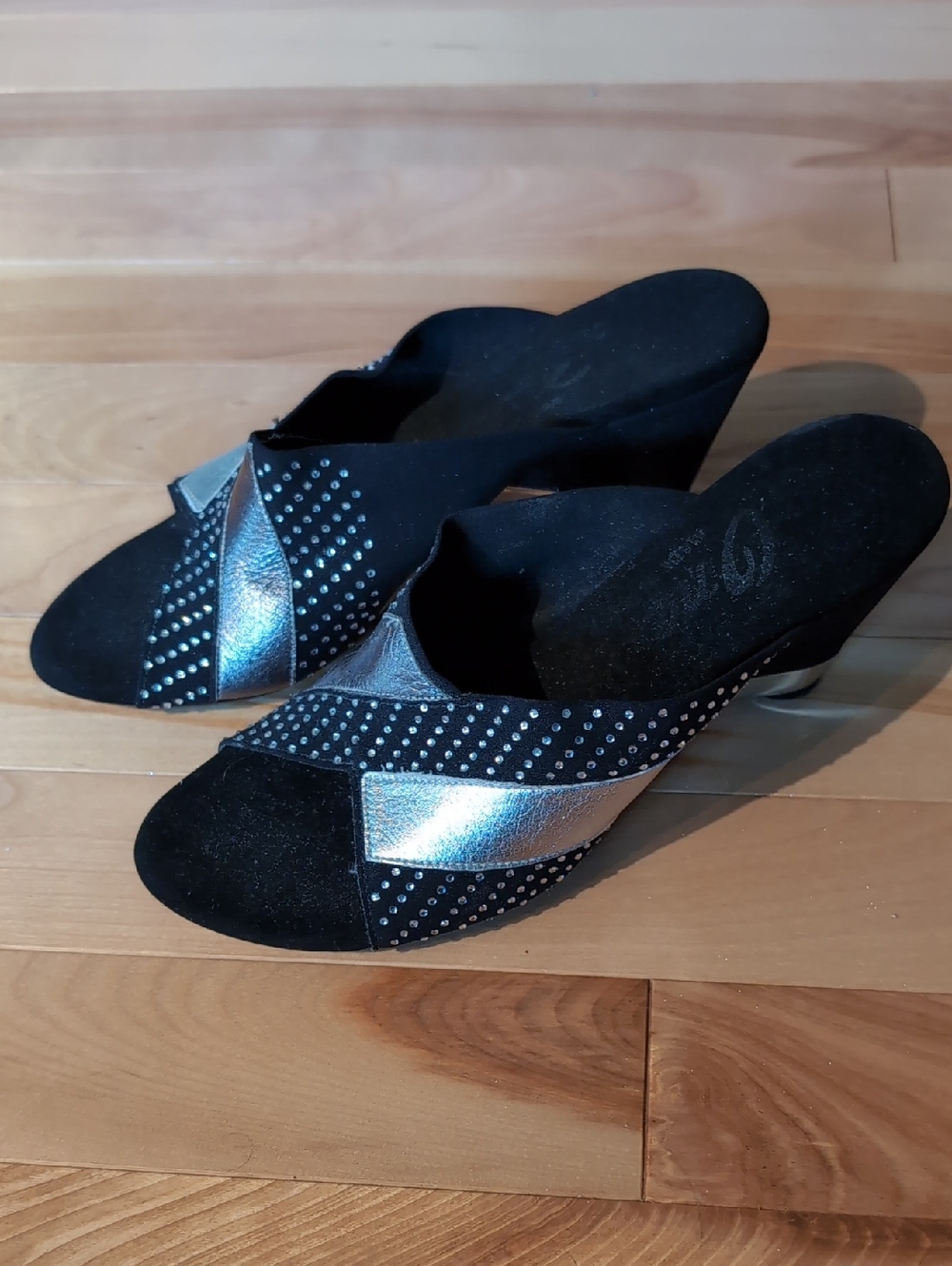 Onex Black and Silver Metallic Studded Wedge Mules